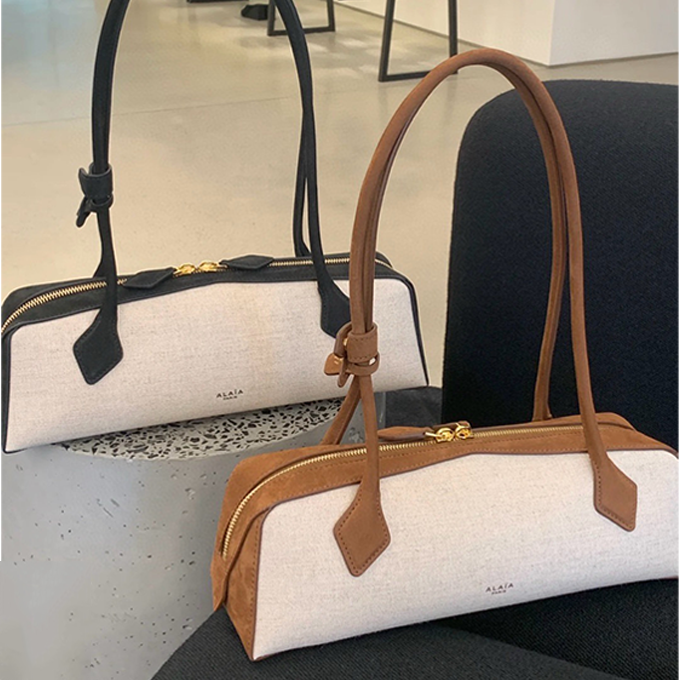 alaia le teckel long‑handle canvas suede shoulder handbag